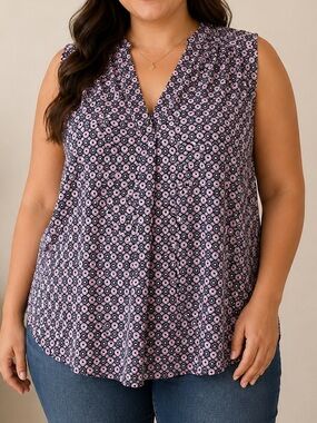 Beacon Pink and Navy Floral Sleeveless V-Neck Tank